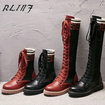 

RLINF Leather Cross Strap Boots Non-slip Thick Bottom Front Tie Color Matching Casual Leather High Boots Martin Women Shoes