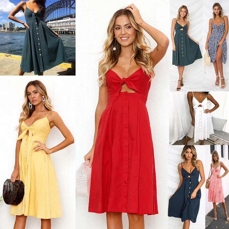 

European Style Bohemian Fit and Flare Hot Sale 2018 Deep V-Neck Women's Sexy Strap Buttons Backless Bow Dress
