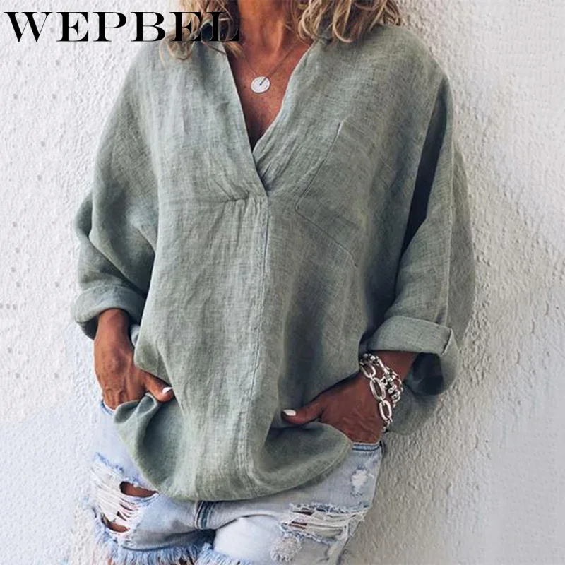 WEPBEL новинки для женщин Повседневная блузка V средства ухода за кожей шеи свободные с длинным рукавом одноцветное Цвет Хлопок Лен
