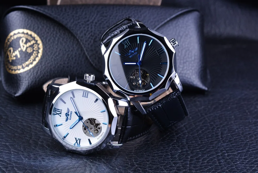WINEER синий океан геометрические дизайн Прозрачный Скелет циферблат Мужские часы лучший бренд класса люкс автоматические Модные механические часы