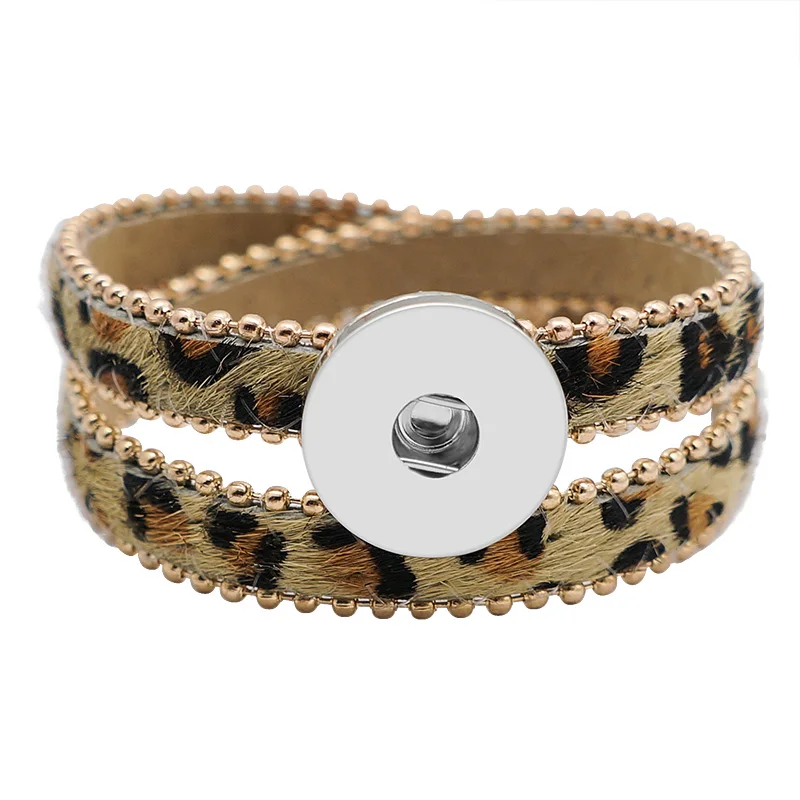 

New Beauty 2 Layers horse hairs Leopard Leather snap bracelets fit 18mm snap buttons snap jewelry wholesale SE0207