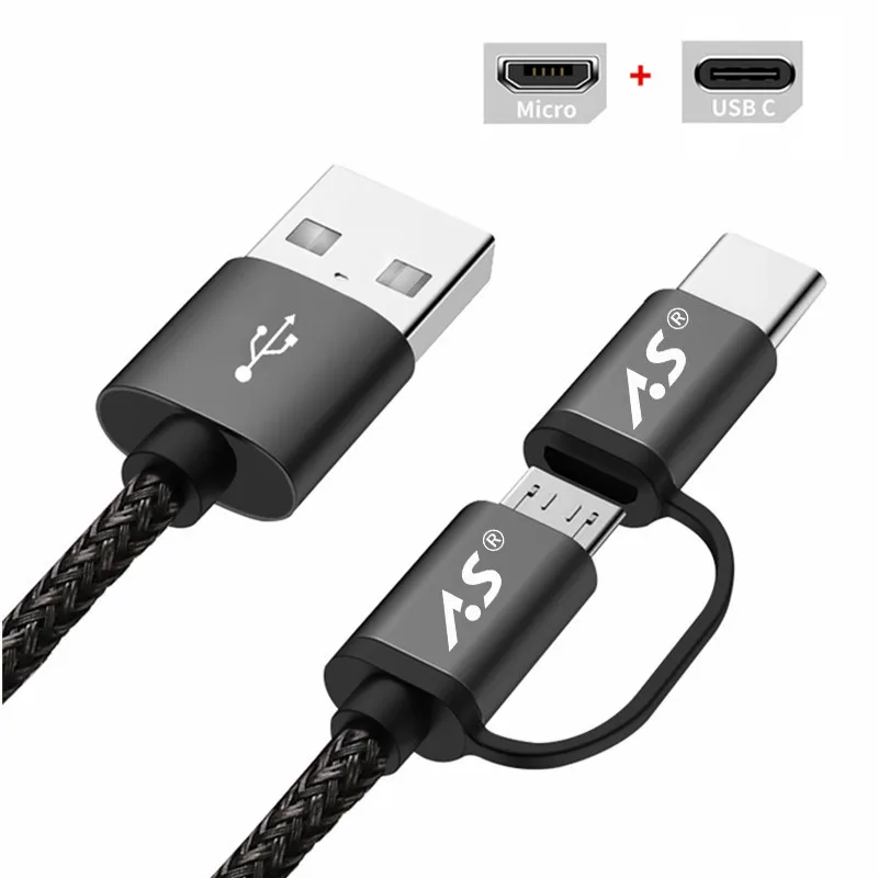 2 IN 1 Cable Black Кабель Micro USB A.S для samsung 2 в 1, кабель usb type C для быстрой зарядки и передачи данных, кабель USB C для телефона Xiaomi 4C Nexus 5X6 P Android - Цвет: 2 IN 1 Cable Black