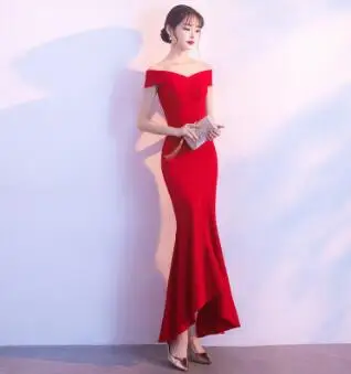 DongCMY Формальные с v-образным вырезом бордовые вечерние платья длиной до щиколотки Вечерние платья Vestido abendkleider - Цвет: Red
