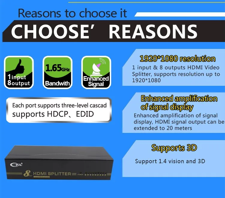 Ckl 8 Порты и разъёмы HDMI Splitter 1x8 HDMI дистрибьютор Дубликатор Поддержка 1.4 В 3D 1080 P для ПК Мониторы HDTV XBOX PS3 PS4 металла hd-98