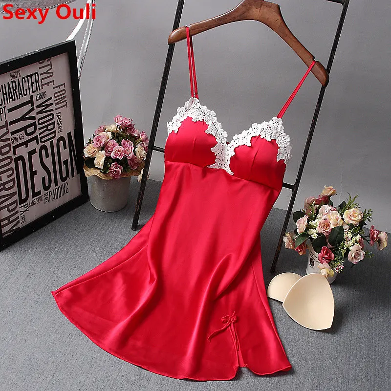 

Women's Sexy Lingerie Silk Nightgown Summer Dress Lace Night Dress Sleepwear Babydoll Nightie Satin Homewear Chest Pad Nightwear