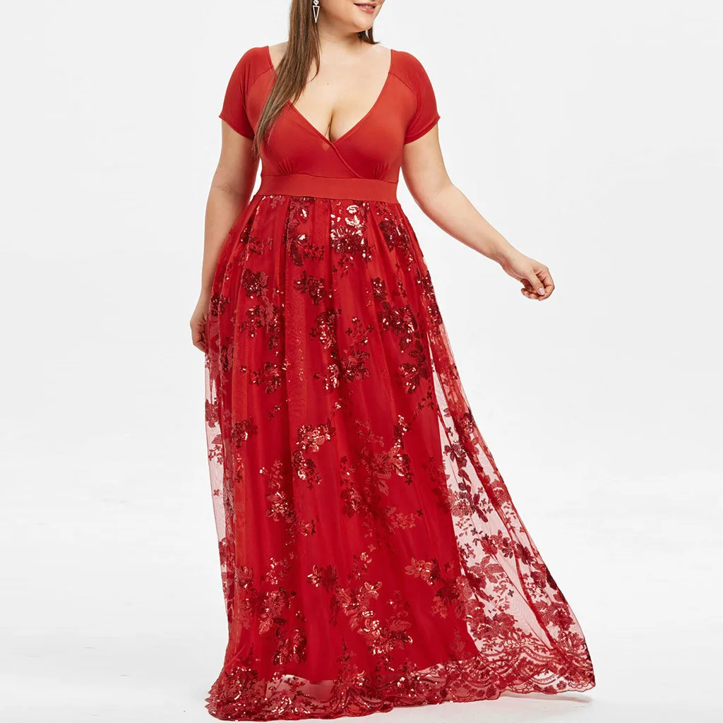 Элегантное женское платье макси, большие размеры 5 xl, цветочный принт, расшитый блестками, глубокий v-образный вырез, короткий рукав, женские вечерние платья Vestidos