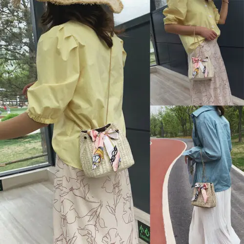 Women Straw Bag Handwoven Round Rattan Handbags Knitted Crossbody Bag Tote Scarves Beach Bag Girls Hot Purse Bag For Women