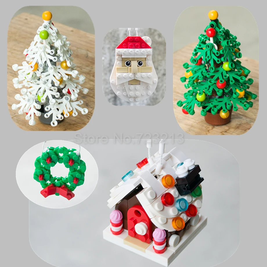 

Single Christmas Tree Xmas Snow House Flower Ring Santa Claus Garland Model Building Blocks Set Model Kits Toys for Children