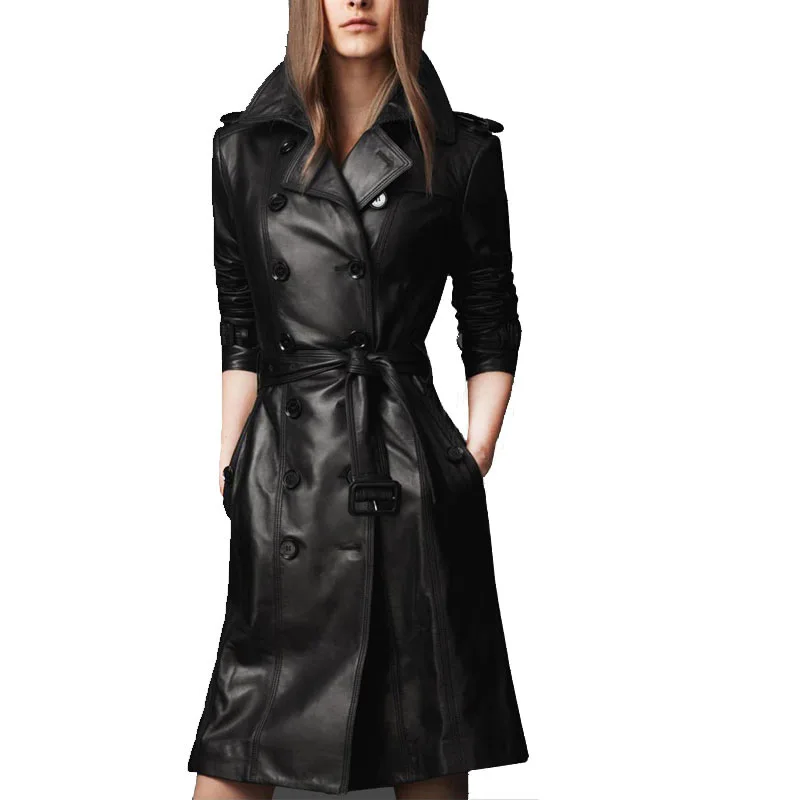 

Double-breasted Women Faux leather Jacket Autumn Winter Slim Female long Windbreaker Coat Large size Black PU Leather Jacket 4XL