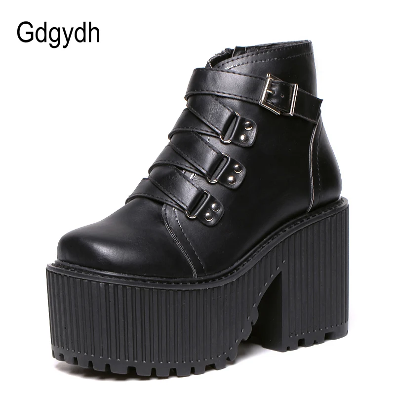 Gdgydh Leather Round Toe High Heel Boots Women Shoes Buckle Rubber Sole Black Platform Shoes Autumn Ankle Boots Punk Shoes Cool