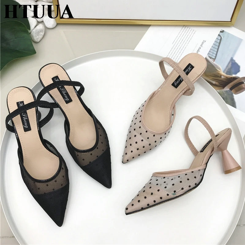 

HTUUA Brand Designer Breathable Mesh Polka Dot Lace Sandals Women Small Cat Heel Slippers Ladies Summer Shoes Sandalias SX2709
