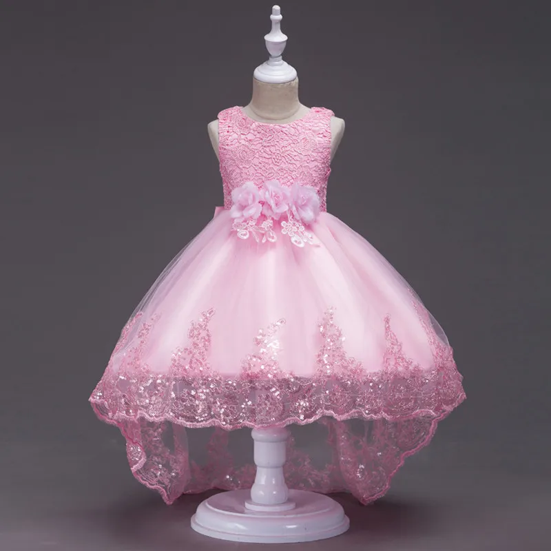 Детское платье принцессы без рукавов с блестками и цветочным узором для девочек, платье для свадьбы, От 2 до 12 лет для девочек, платье со шлейфом для выпускного вечера - Цвет: Розовый