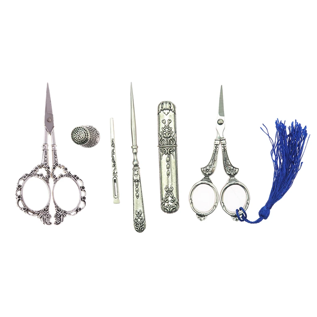 6pcs European Vintage Silver Embroidery Sewing Scissors Thimble Needle Case