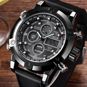 

2018 Luxury Dual Movt Men's Leather Quarz Analog Digital LED Sport Wrist Watch Men Quartz Watches Stainless Steel erkek saat