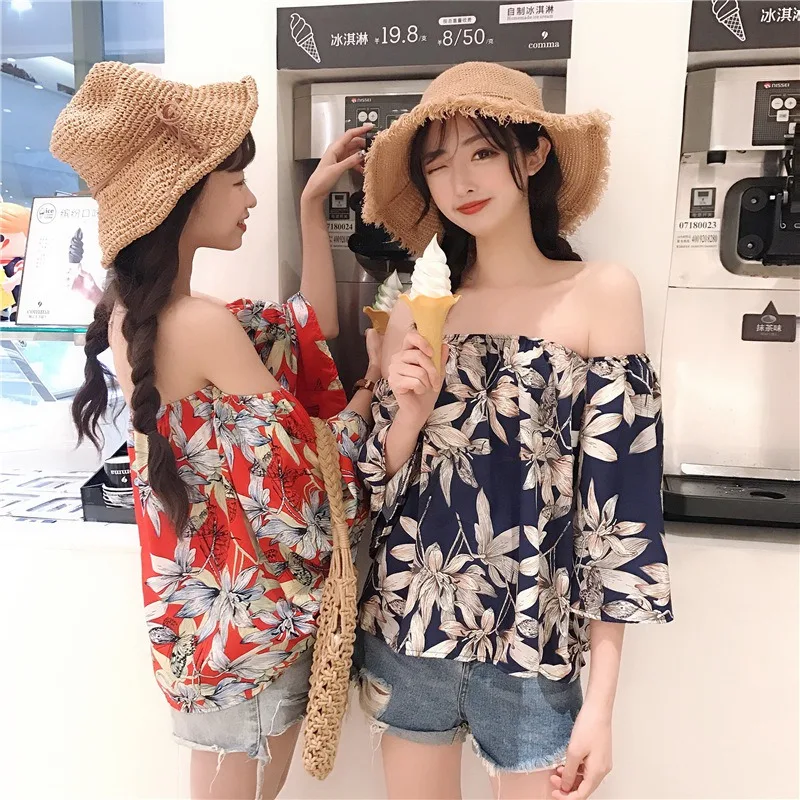

Sexy Slash Neck Off Shoulder Blouse Women Summer Flower Shirts Blouse Vintage Lady Blusas Tops