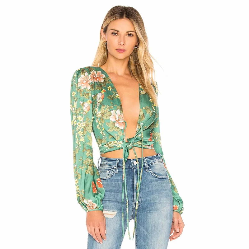 Linjiashop Boho Женская блузка, зеленый сатиновый шифон, длинный рукав, глубокий v-образный вырез, с бретельками, регулируемый сексуальный летний укороченный топ и рубашка