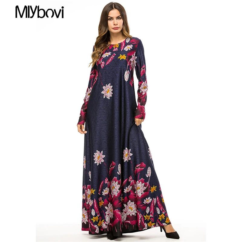 

Navy Women Fashion Muslim Dress Embroidery 2018 Vintage Female Vestidos Long Sleeve Abaya Islamic Female Muslim Ladies Kaftan