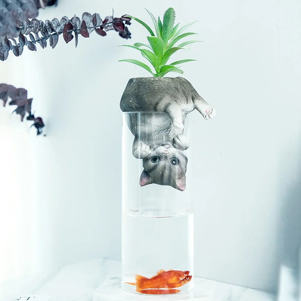 Betta fish tank cute naughty inverted cat dog hamster baby in cup with simulation succulents indoor decor ornaments aquarium new