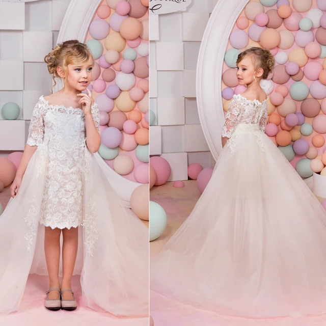 Cheap Little Girls' Party Dresses Sheath Detachable Train Half Sleeve Sheer Lace Little Flower Girls Dresses 2016