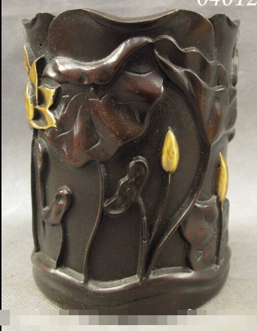 

S0480 Carved Lotus Leaf Art Chinese Bronze Gilt Brush Pot Pencil Vase Copper Statue discount 30% (C0324)