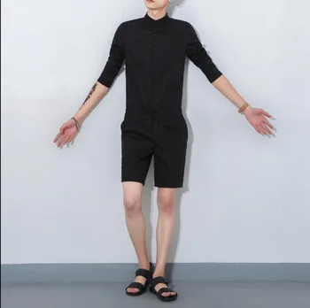 

Free shipping Summer Khaki Military Cargo Pants Fashion Bib Boyfriend Jumpsuits Men Korean style singer costumes Overalls 041606