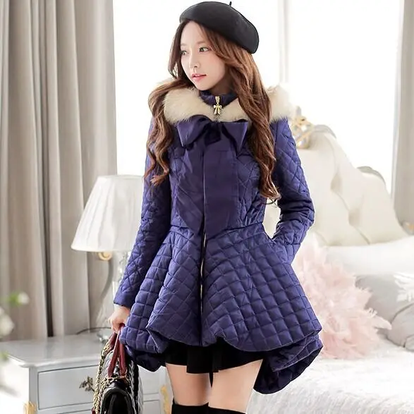 Cheap DABUWAWA 2016 Brand Winter Navy Blue Fur Bow Plus Size Slim Long Irregular Hooded Skirt Down Jacket Coat Parka Women Wholesale