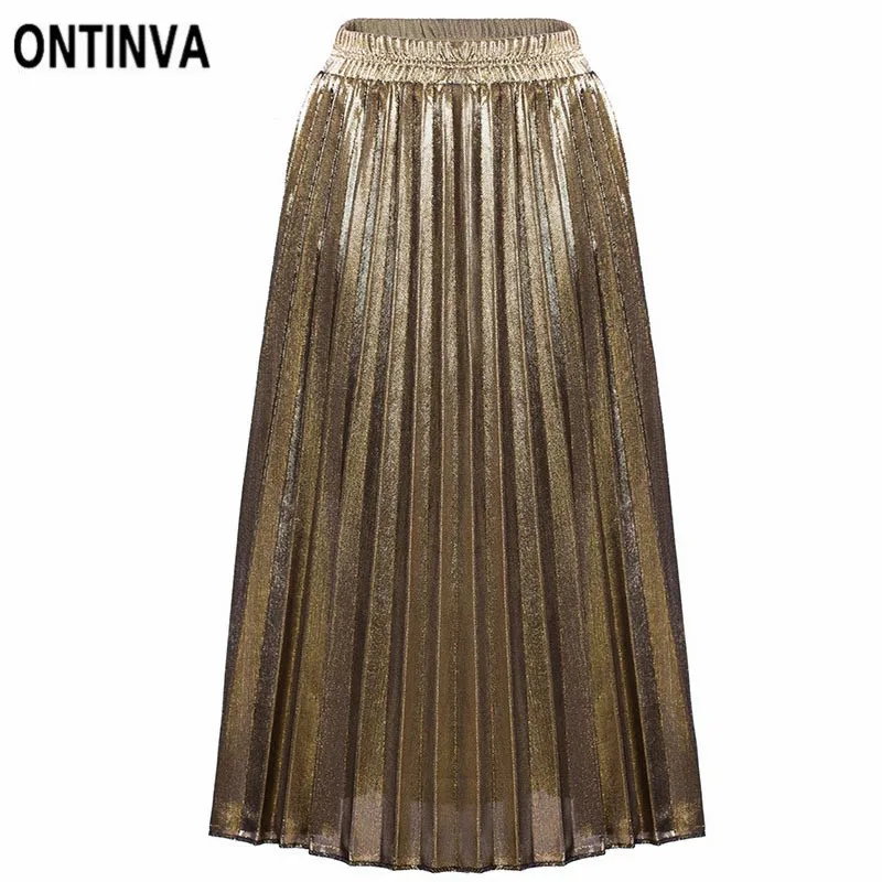 

2019 Fashion Shiny Pleated Skirts Womens Casual High Waist Beach Skirts Summer Elastic Waist Vintage Metallic Gold Silver Skirts