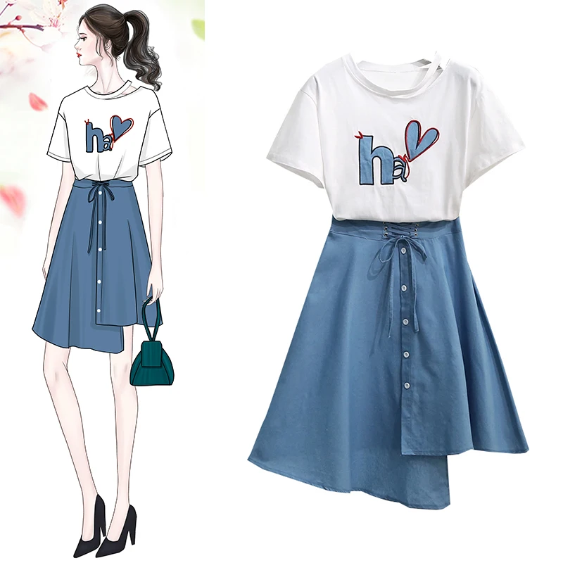 

2019 Summer New Female Skirt Set Heart Embroidery White Tees Top & Irregular Criss-Cross Mini Skirt Women Casual 2 Pieces
