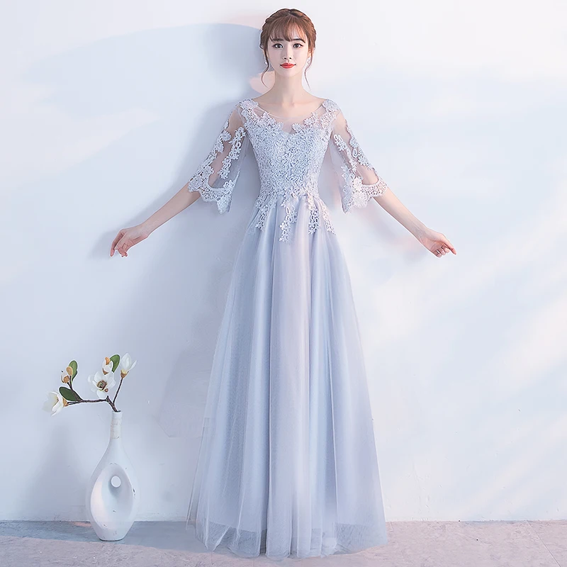 Light Grey Robe de soiree Новое тонкое бордовое длинное кружевное платье с круглым вырезом и аппликация вечернее платье элегантное платье для выпускного вечера - Цвет: Light Grey