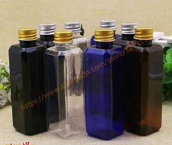

100ml clear/brown/blue/black square PET bottle with silver/gold lid,essential oil/liquid/moisturizer/facial water container