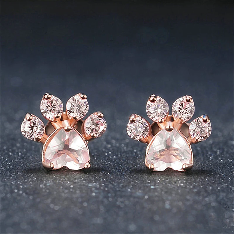 

ROXI New Hot Trendy Cute Cat Paw Earrings For Women Fashiong Rose Gold Earring Pink Claw Print Bear and Dog Paw Stud Earrings