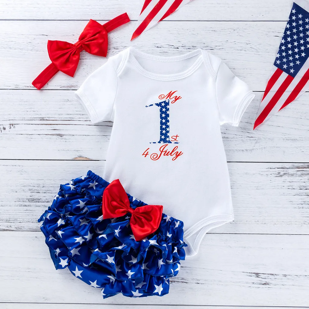 

Kids Girls Sets Summer Toddler Baby Girls 4th Of July Letter Print Romper+ Ruffle Pant Outfits Set Kid Clothes Roupa Infantil