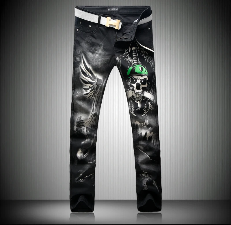 3D Print Jeans Men Black Skull Pattern Casual Stretch Denim Pants Slim