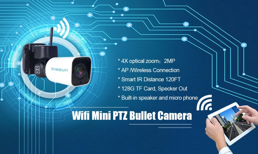  Inesun Outdoor WiFi IP Security Camera 1080P IP Camera WiFi 4X Zoom PTZ Camera 120ft IR Night Visio
