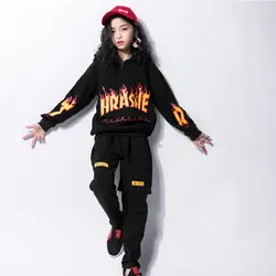 Хип-хоп танцевальные костюмы детские черные с длинным рукавом с капюшоном топ брюки для девочек Костюм Джаз Уличная Одежда для танцев