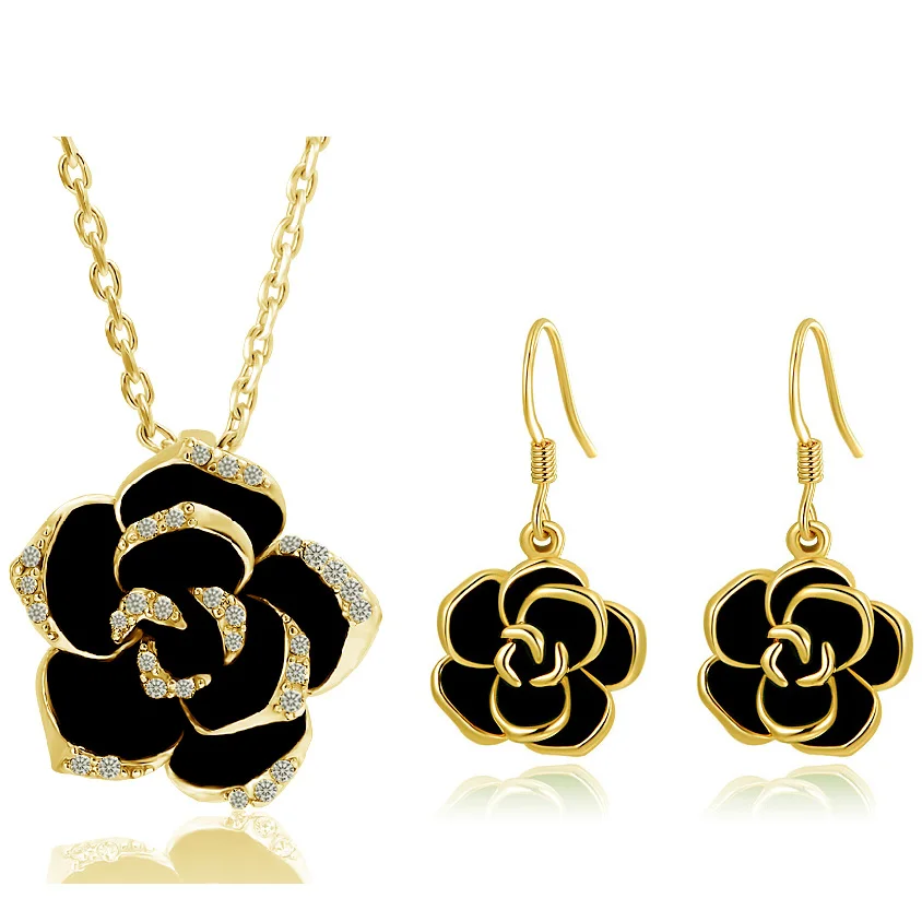 black golden rose flower necklace earrings Jewelry set dropshipping new arrival fashion brand quality lover gift bithday summer | Украшения