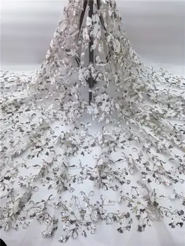 

African lace fabric 2019 High Quality Wthie embroidered sequins High Quality french tulle lace fabrics For Wedding Dress NHS-05