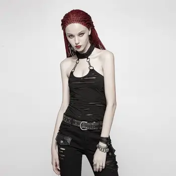 

Punk Rave Women's Punk Halter Ripped Backless Black Top WT541BXF