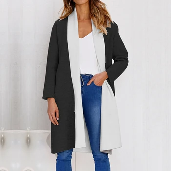 

2019 Fashion Women Winter Warm Wool Lapel Trench Coat Color Patchwork Outwear Female Overcoat Long Trench