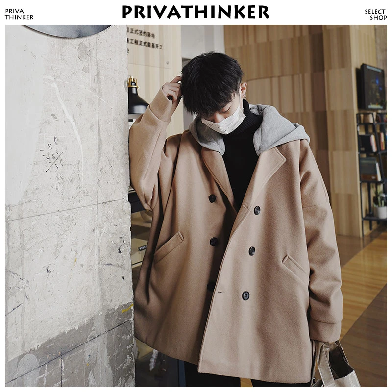 Privathinker hombres lana abrigo invierno 2018 hombres Harajuku doble Breasted chaqueta coreana chaquetas con capucha abrigos negro|Lana y mezclas| - AliExpress