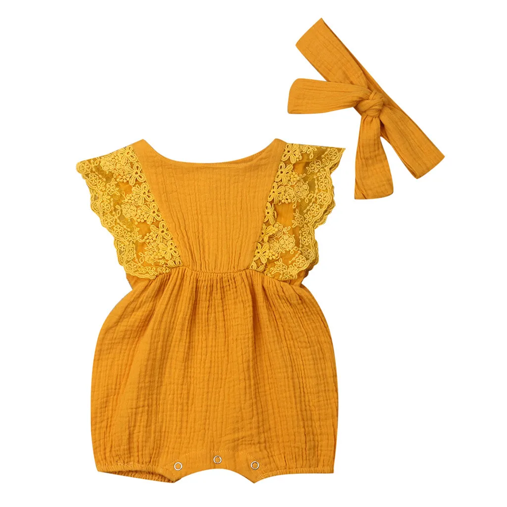 MUQGEW/Боди для малышей; коллекция года; сезон лето; кружевной костюм без рукавов с оборками для новорожденных и маленьких девочек; повязка на голову; одежда - Цвет: Цвет: желтый