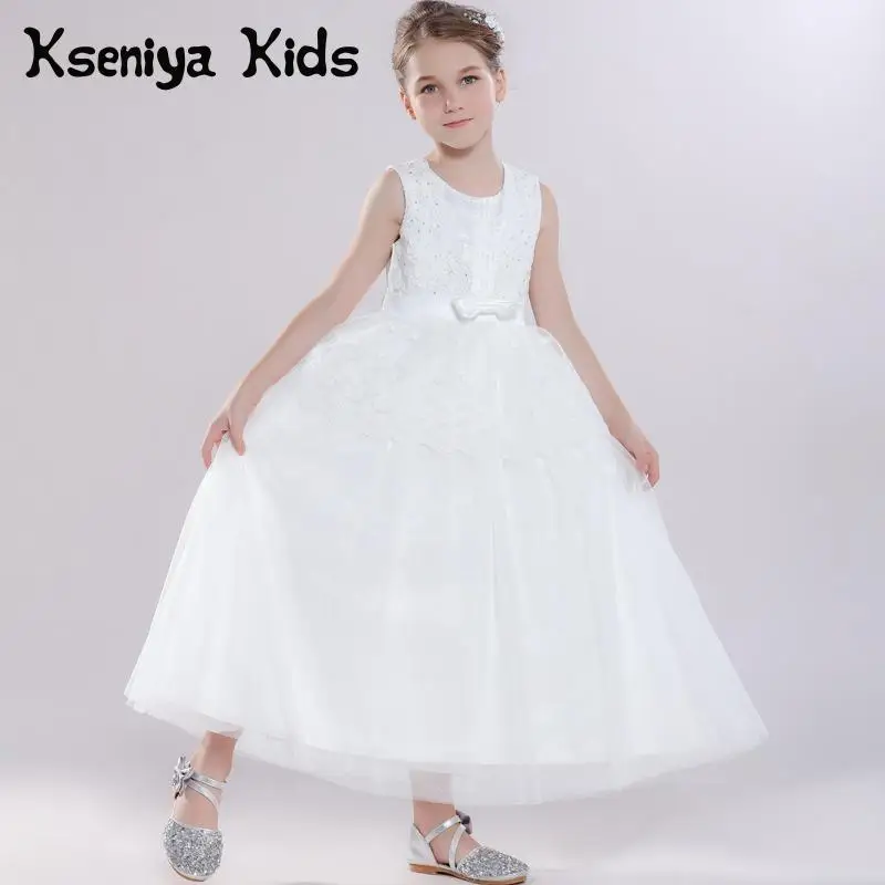 Kseniya Kids Girls White Long Princess Dress Flower Bow Sleeveless Children Evening Dresses Girl Dress For Party And Wedding цена Kseniya Kids Girls White Long Princess Dress Flower Bow Sleeveless Children Evening Dresses Girl Dress For Party And Wedding цены онлайн