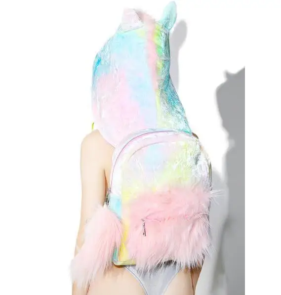 

fluffy unicorn bag Sugar baby tie dye unicorn hooded backpack shoulder bag creative plush bag