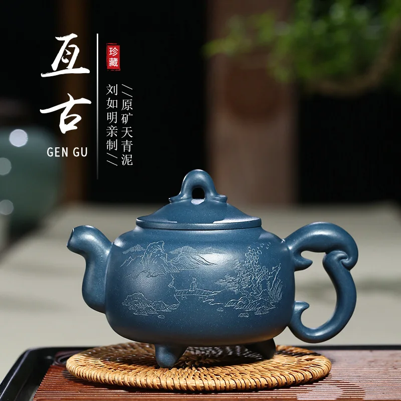 

Pottery Teapot Yixing Raw Ore Azure Mud Famous Full Manual Teapot Everlasting Infusion Of Tea Pot Carving Landscape Tea Set