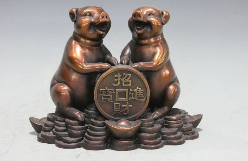 

Chinese Red Bronze Copper Lucky Fengshui Coin Yuan Bao Wealth Two Pig Statue