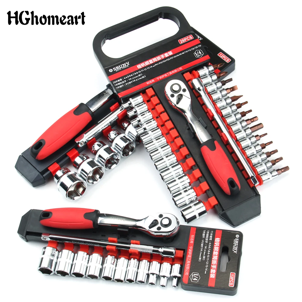 

Car Repair Tool Set 22pcs 1/4 Inch Ratchet Wrench Set Hand Socket Set Released Handle and Extension Bar Tool for Car Repair