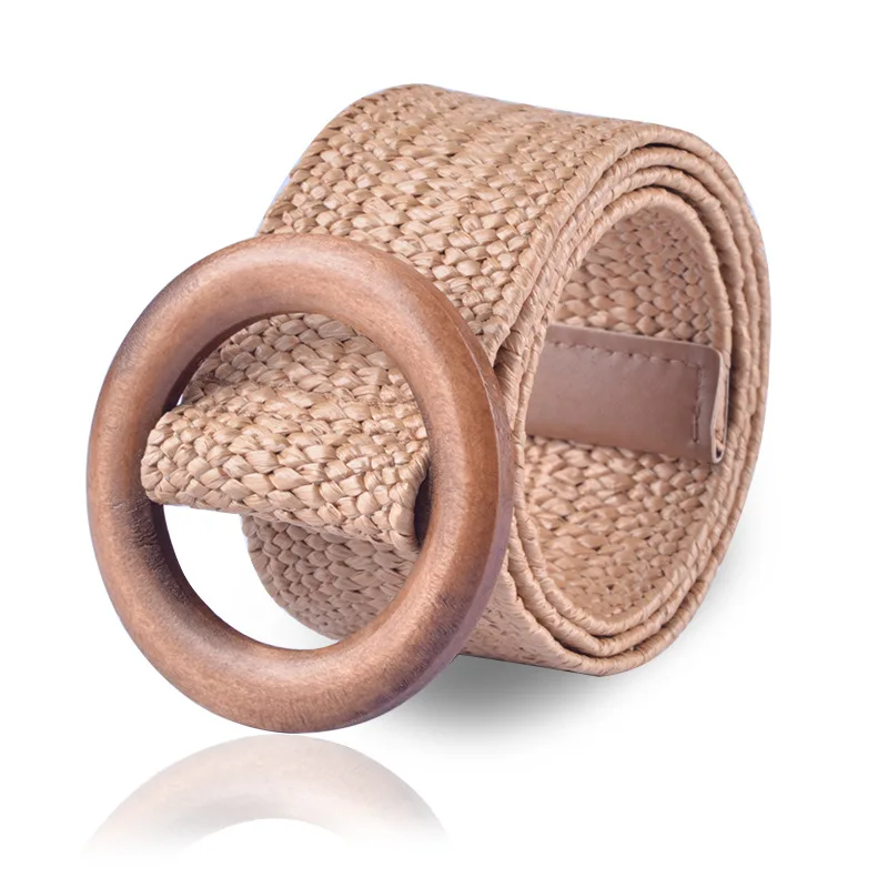 

Wooden Button Belts For Women Elastic Straw Belt Decoration for Dress Belt Casual Female Belts Accessories