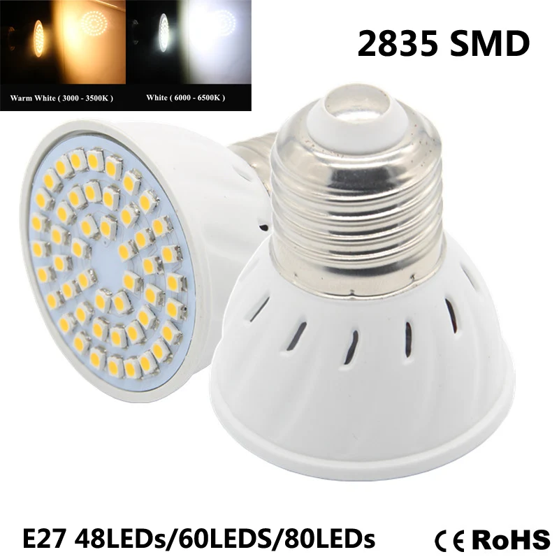 

NEW LED Spotlight E27 lamp 5W 6W 8W AC 220V 3528 SMD 48LEDs/60LEDs/80LEDs White/Warm White LED Bulbs lighting 4pcs/lot
