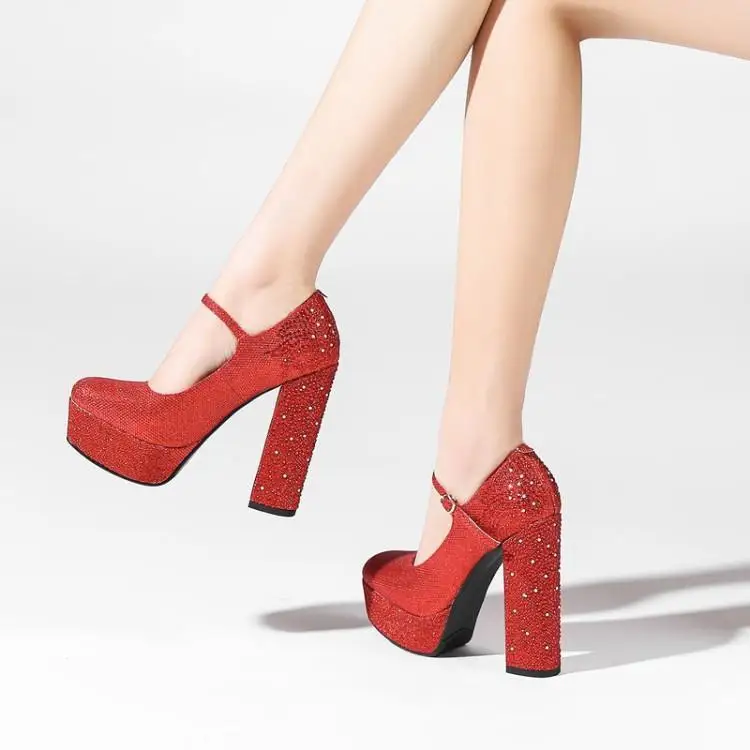 

Red Silver Champagne Women Mary Janes Shoes Platform High Square Heels Female Bride Wedding Shoes Back Crystal Embellishments