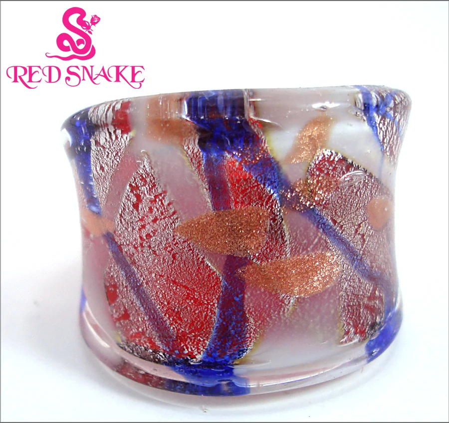

RED SNAKE Fashion Ring Handmade Silver-foil with blue line Murano Glass Rings